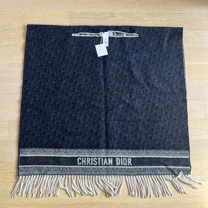 CHRISTIAN DIOR 100% cashmere navy oblique fringe poncho cape scarf